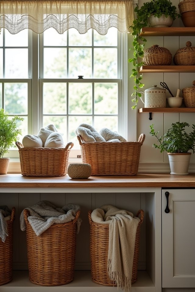 baskets enhance cozy decor