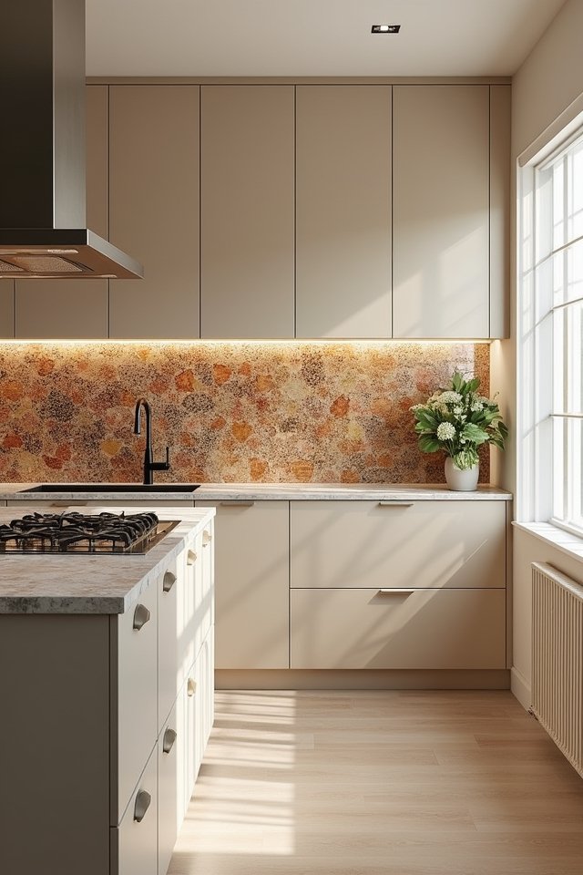 beige cabinets mosaic backsplashes