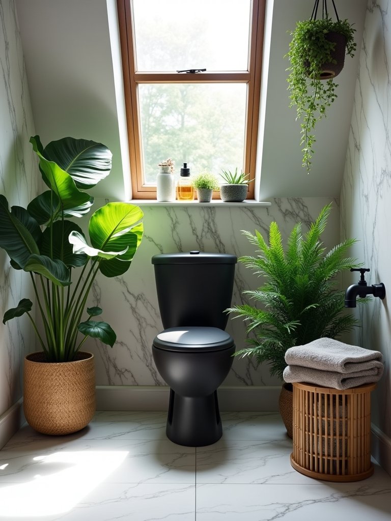 black toilet lush greenery