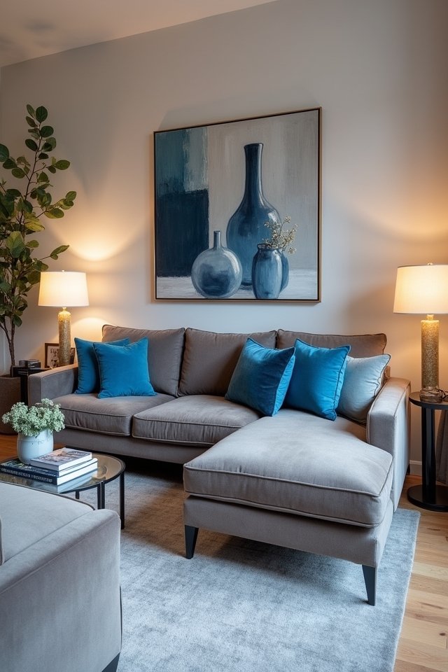 blue accents enhance grey