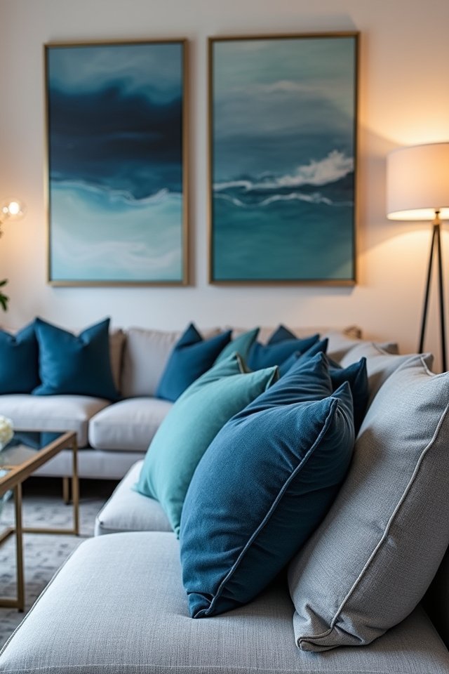 blue pillows on grey sofas