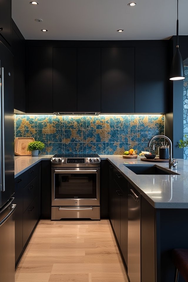 bold backsplashes enhance dark cabinets
