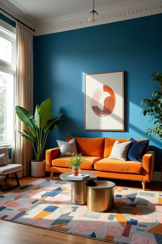 bold furnishings enhance blue walls