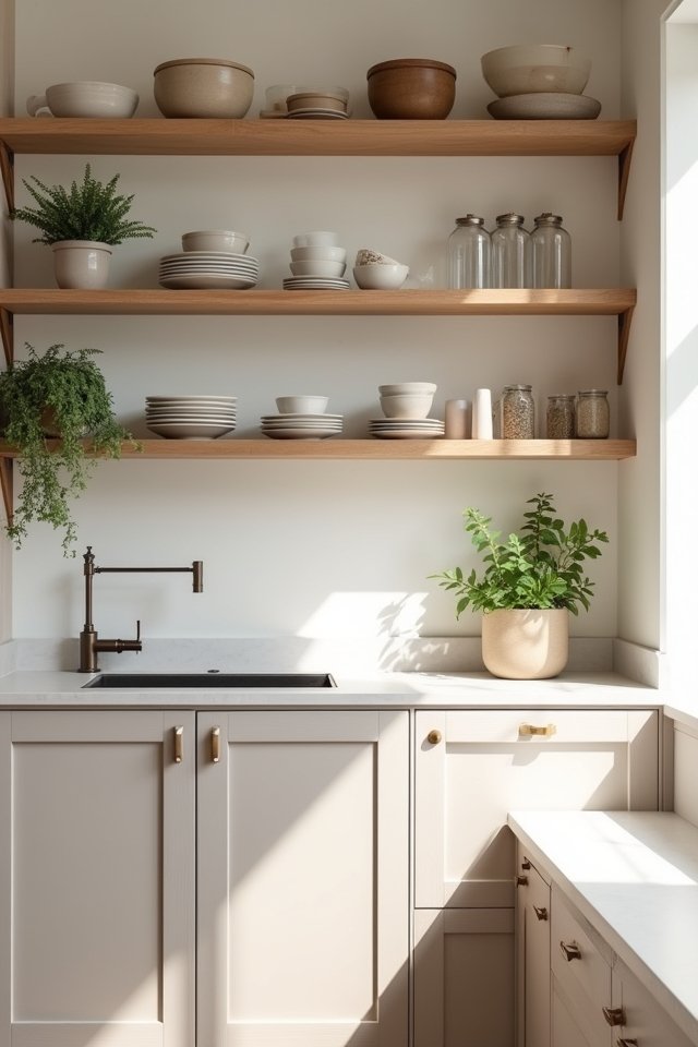 breezy greige open shelving
