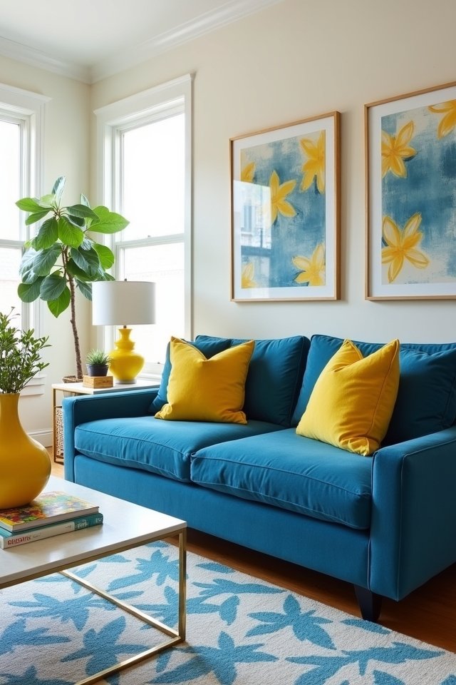bright blue and yellow accents