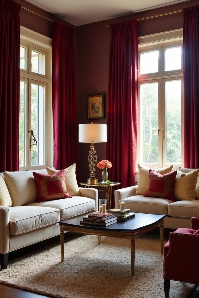 burgundy curtains create warmth