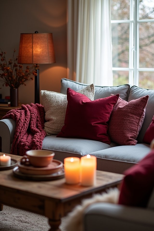 burgundy pillows and throws