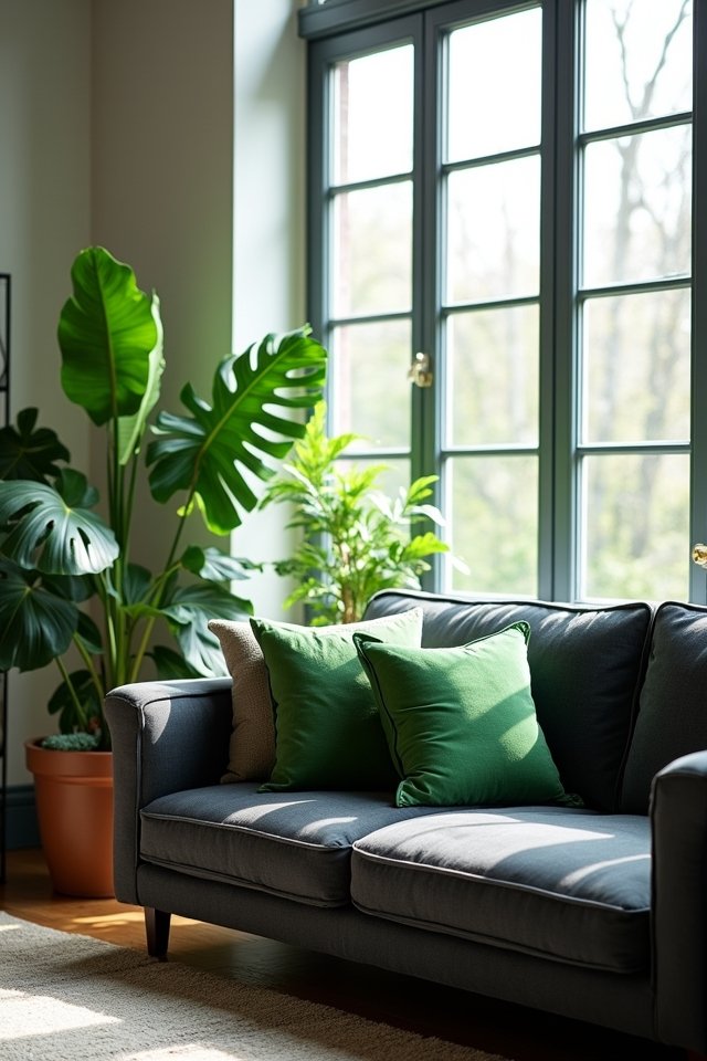 charcoal couch complemented by greenery