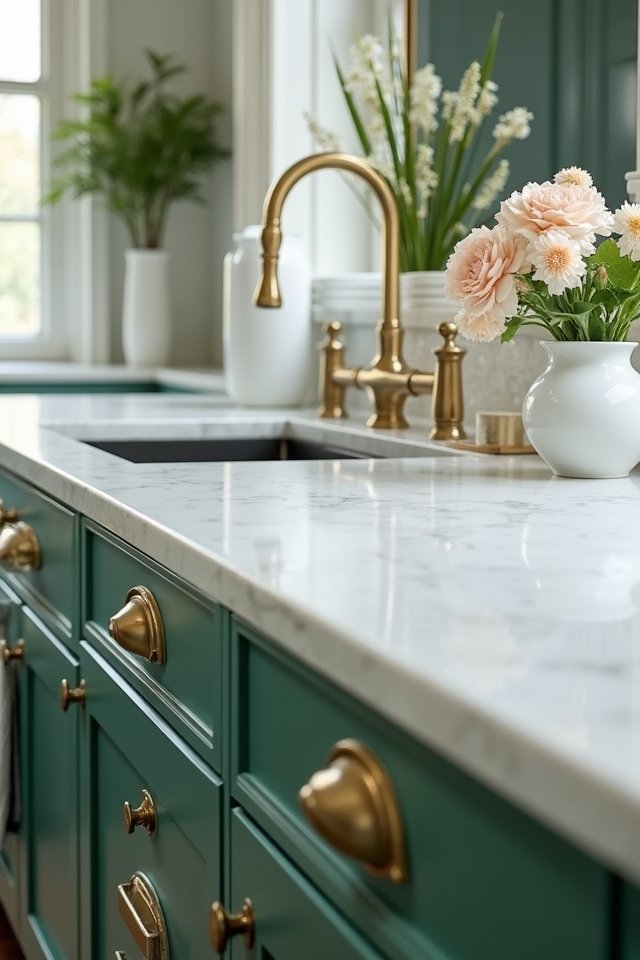chic green cabinets brass accents