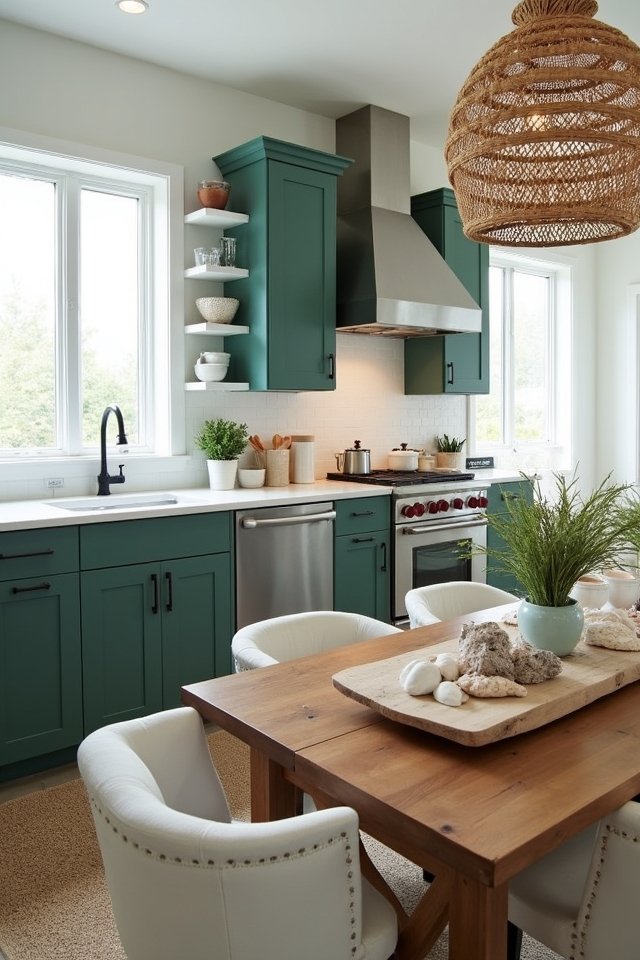 coastal inspired dark green cabinets