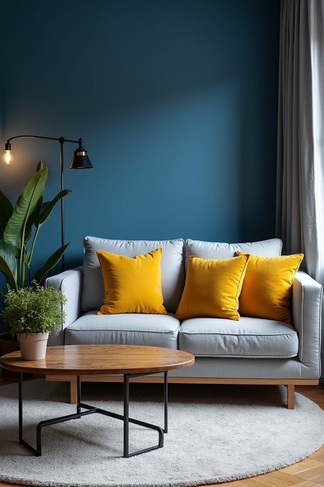 cobalt blue mustard yellow accents