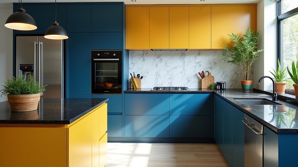 colorful cabinets black countertops