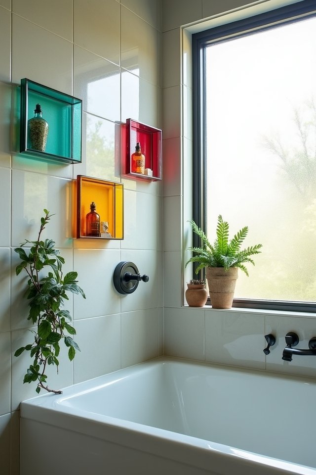 colorful glass shelves brighten bathrooms