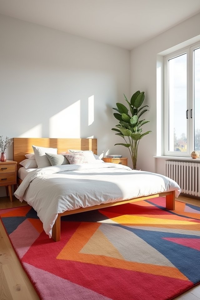 colorful rug enhances bedroom