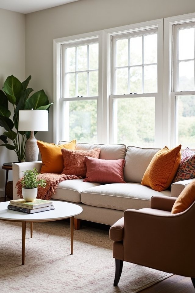 colorful throws enhance neutrality