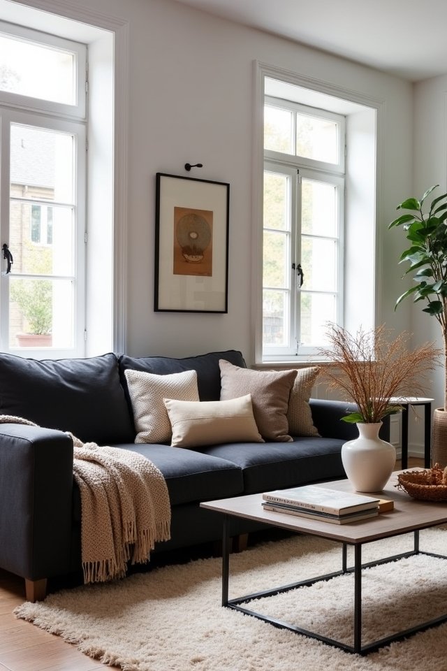 contrast dark couch light walls