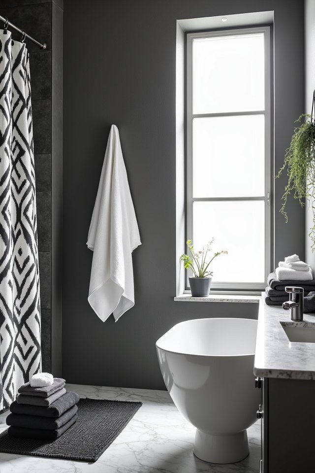 contrasting textiles enhance bathrooms