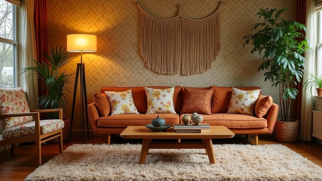 cozy 70s aesthetic living room