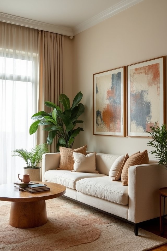 cozy beige walls vibrant artwork