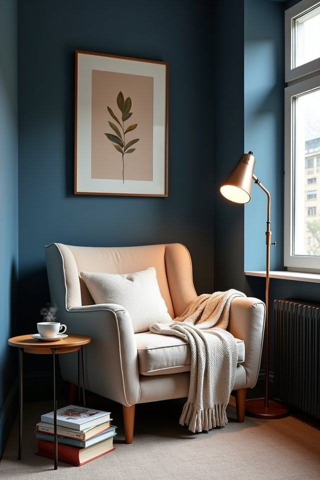 cozy blue reading nook