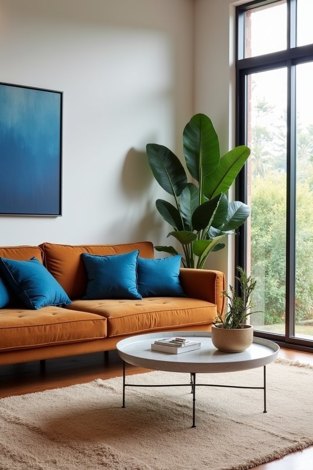 cozy brown and blue accents