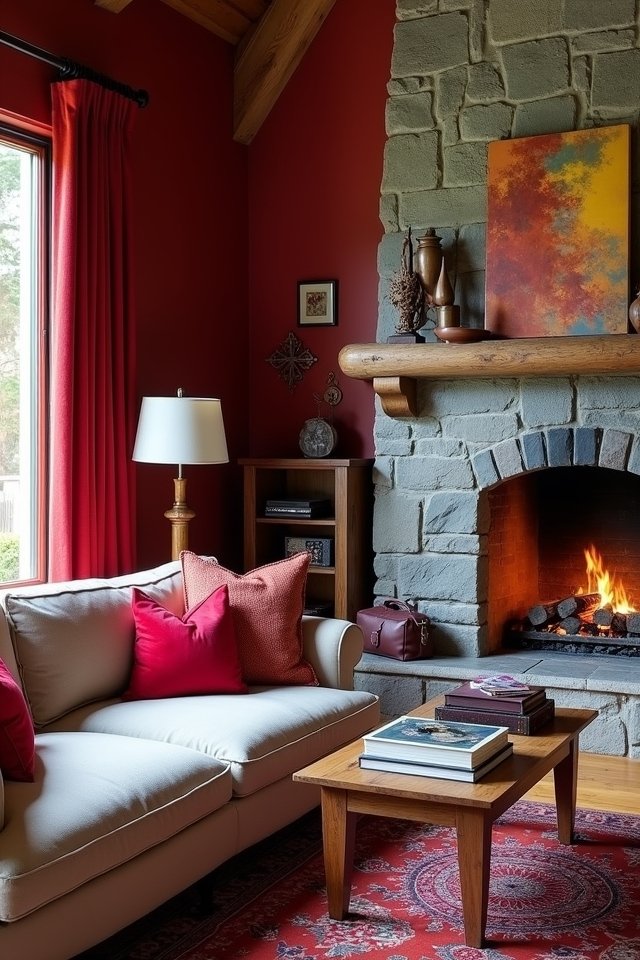cozy crimson fireplace curtains