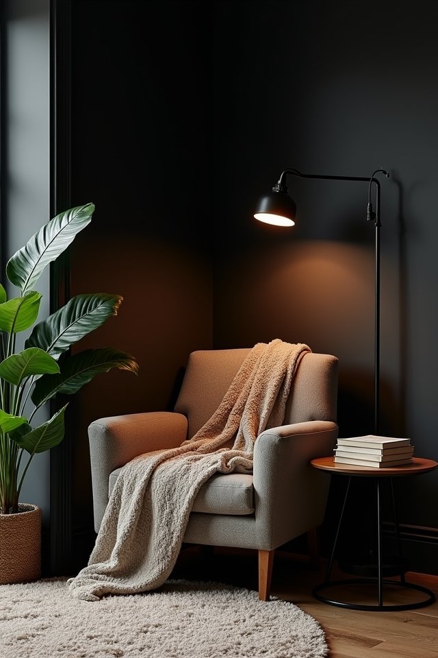 cozy dark hued reading nook
