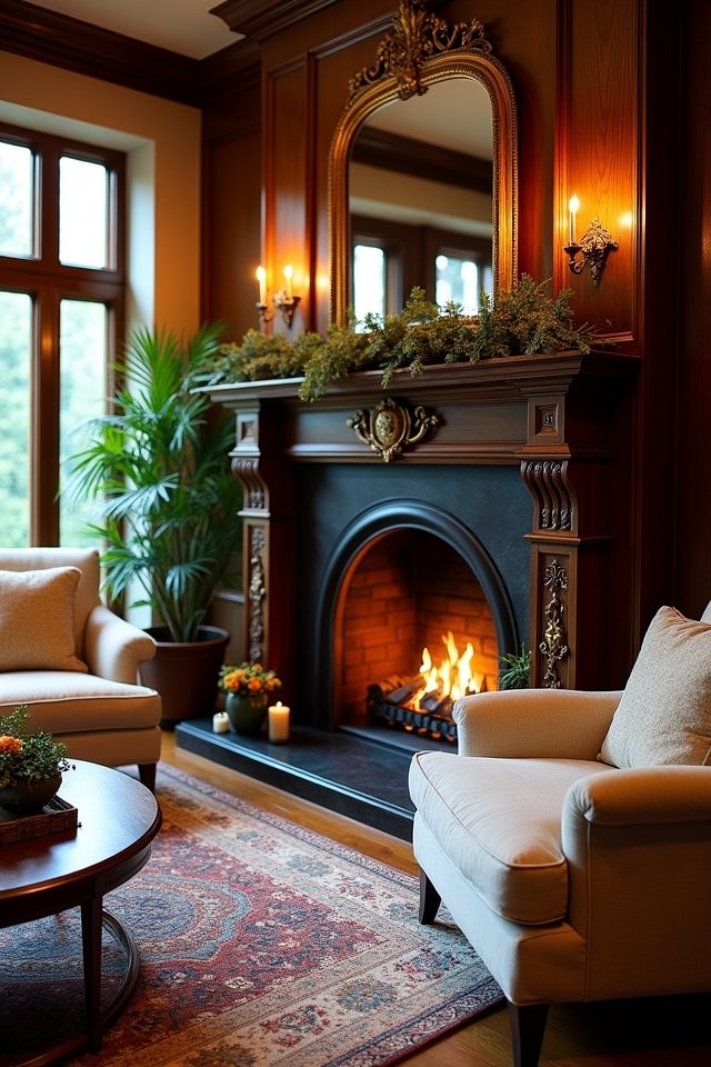 cozy dark wood fireplace