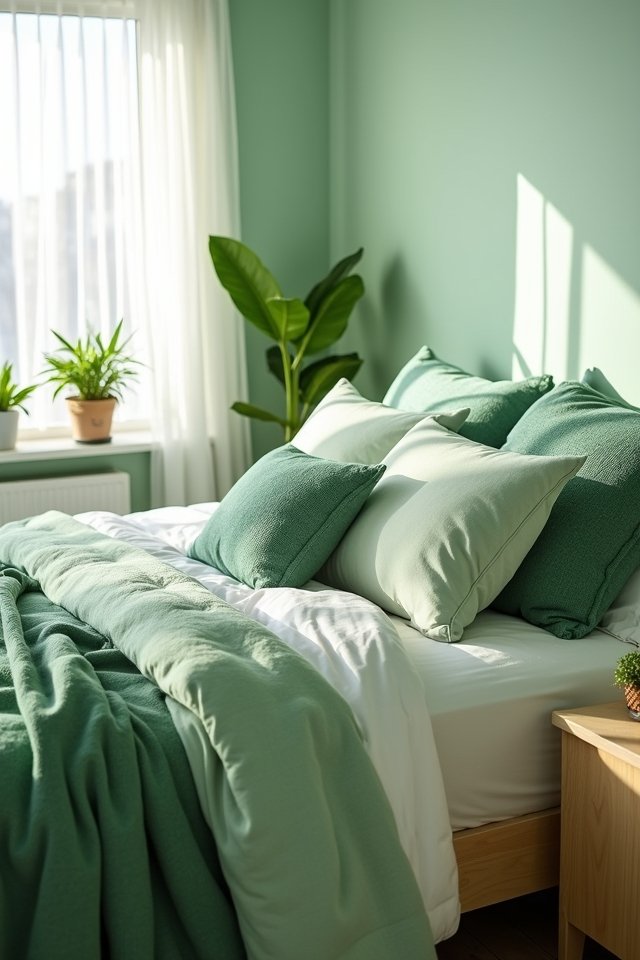 cozy green and white bedding