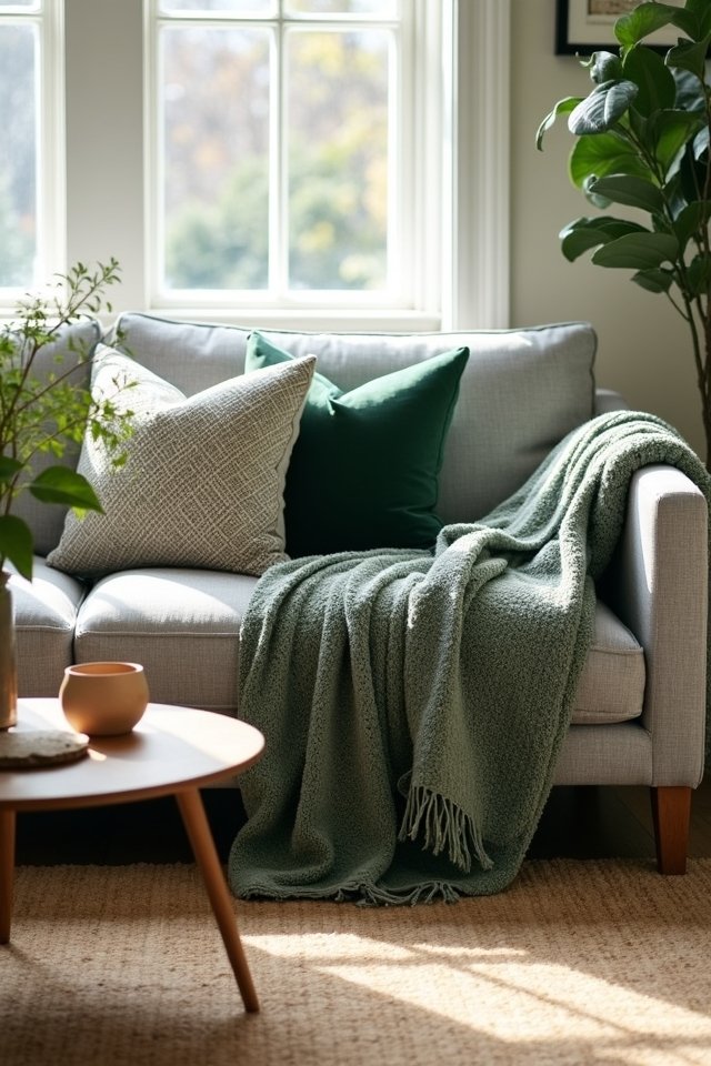 cozy green throws fluffy cushions