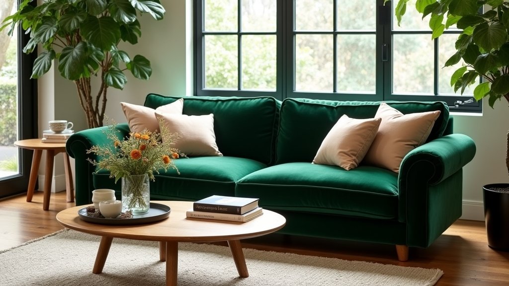 cozy green velvet sofas