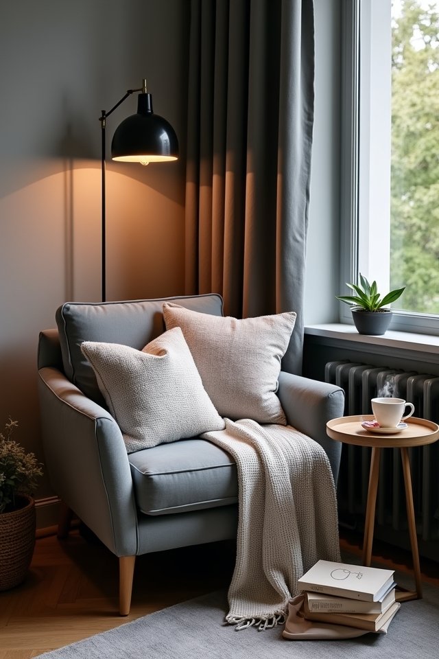 cozy grey reading nook