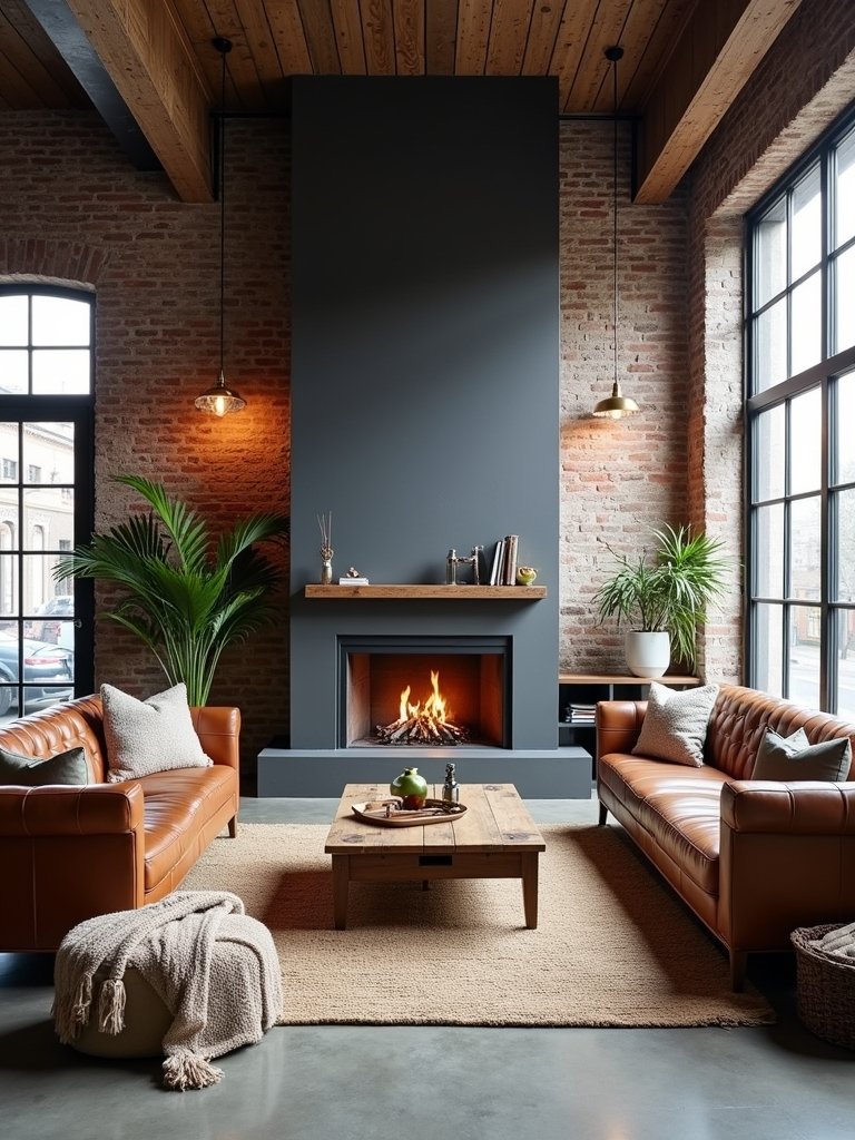cozy industrial fireplace focal point