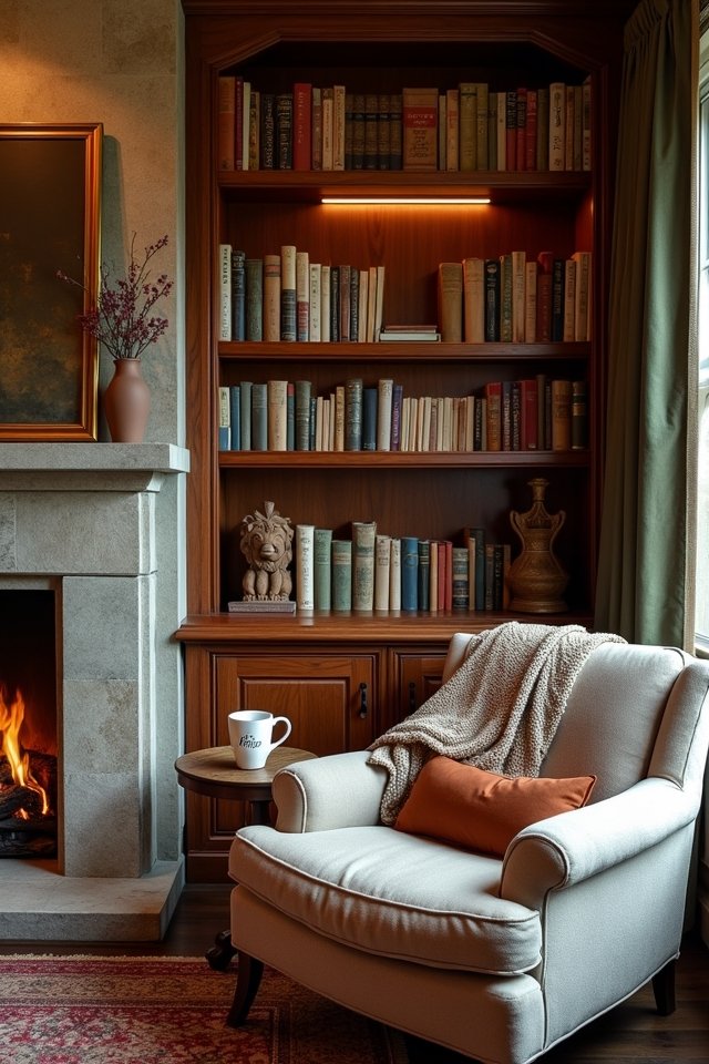 cozy library with fireplace