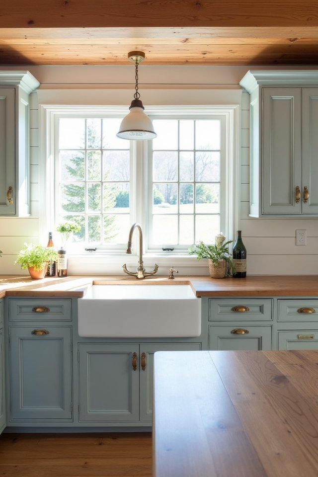 cozy light blue gray cabinets