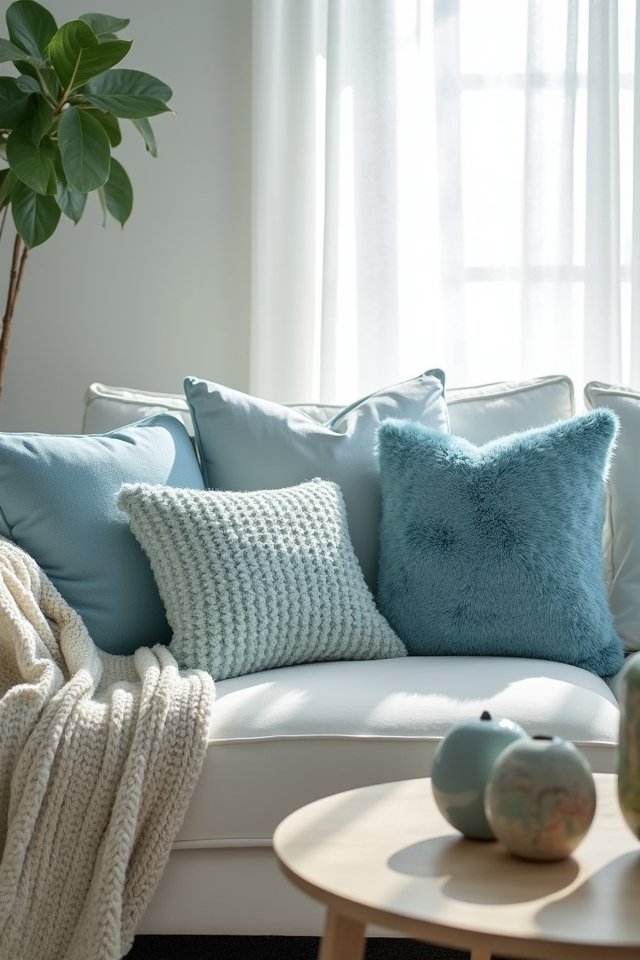 cozy light blue pillows
