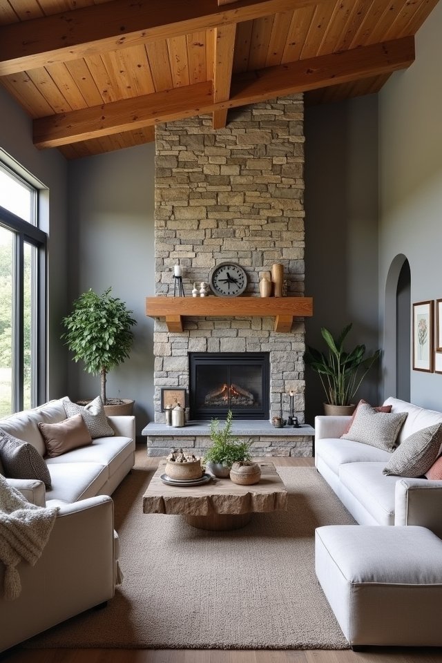 cozy living room stone accents