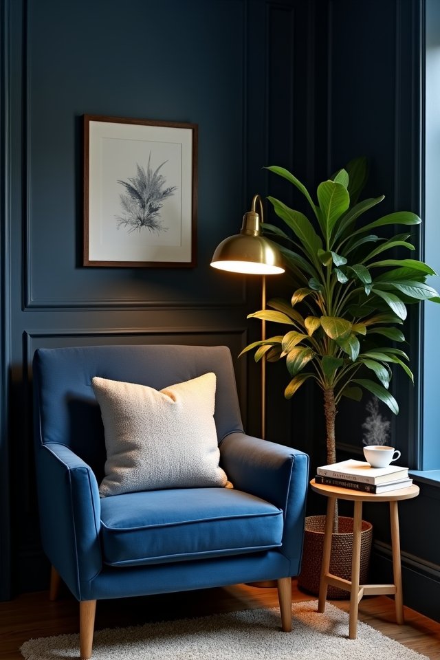 cozy navy blue reading nook