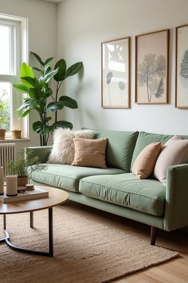 cozy neutrals with green couch