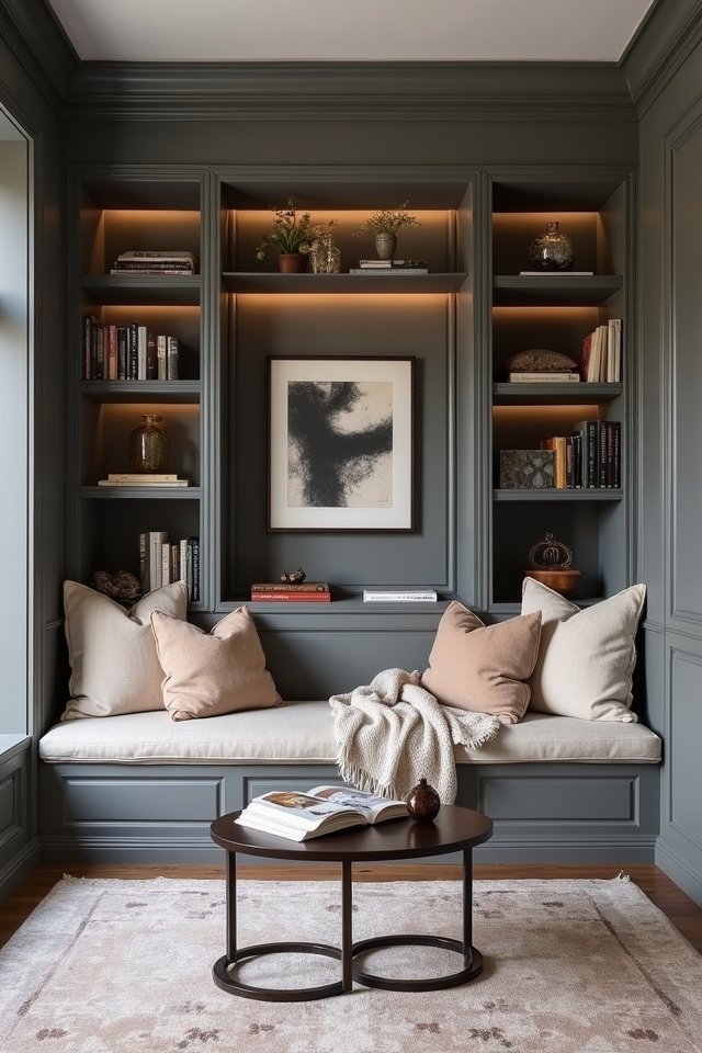 cozy nook with bookshelves