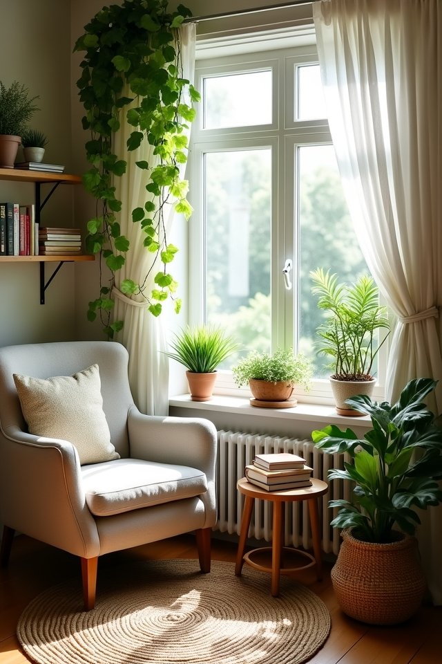 cozy plant filled reading nook