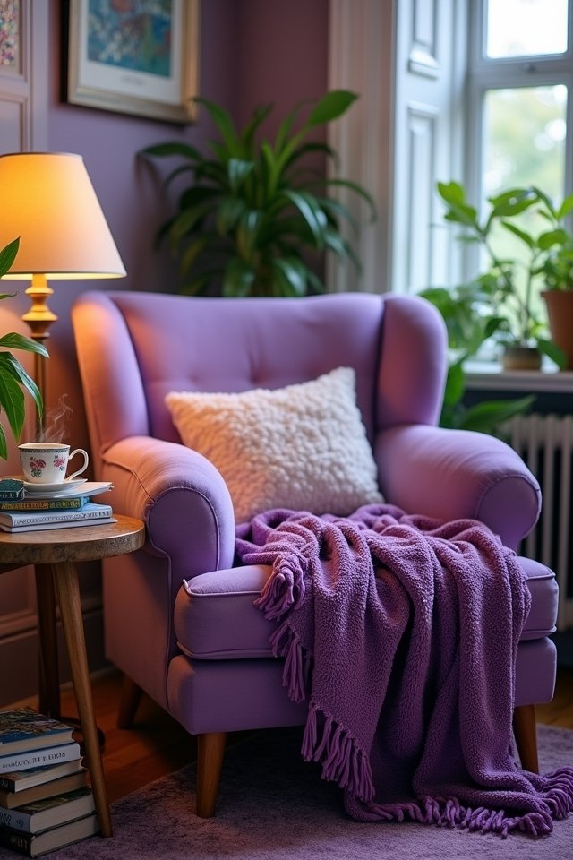 cozy purple themed reading nook