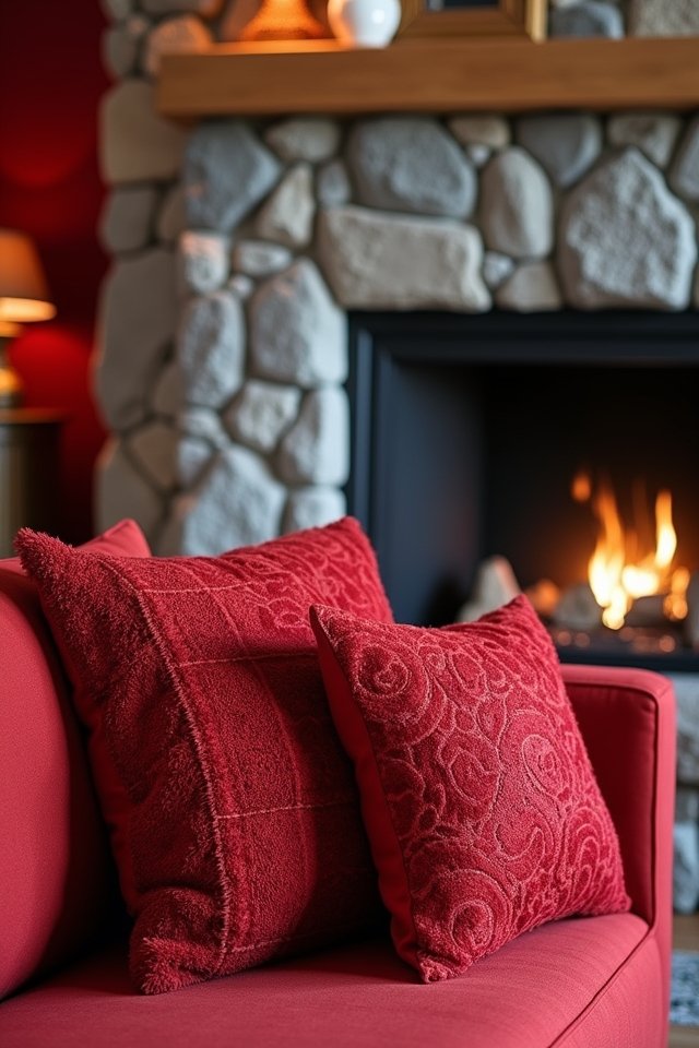 cozy red pillows contrast grey