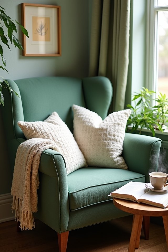cozy sage green reading nook
