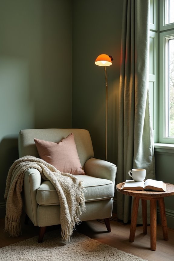cozy sage green reading nook
