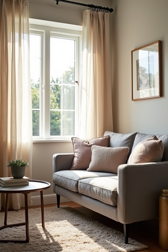 cozy sunlit gray sofa