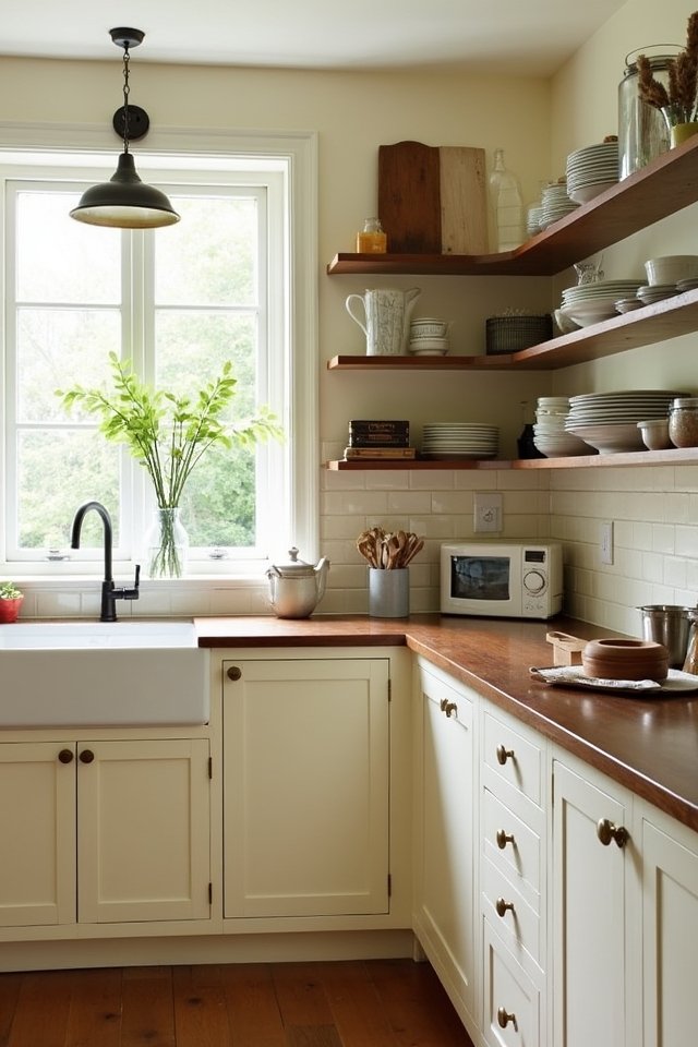 cream cabinets open shelving