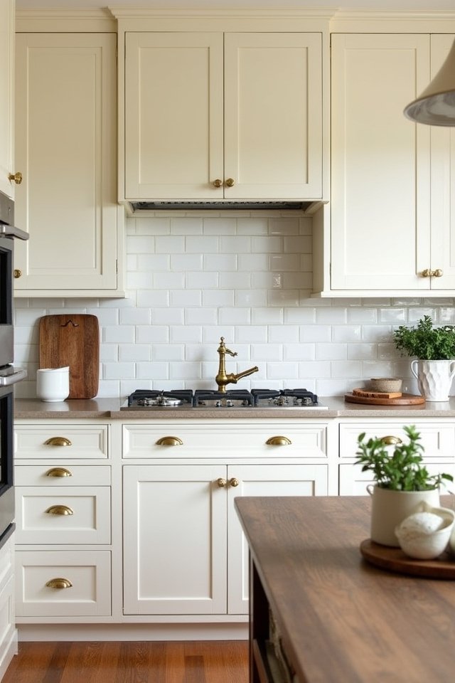 cream cabinets subway tiles
