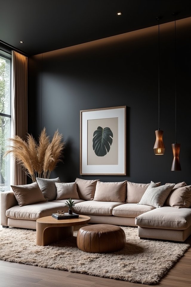 dramatic black living room