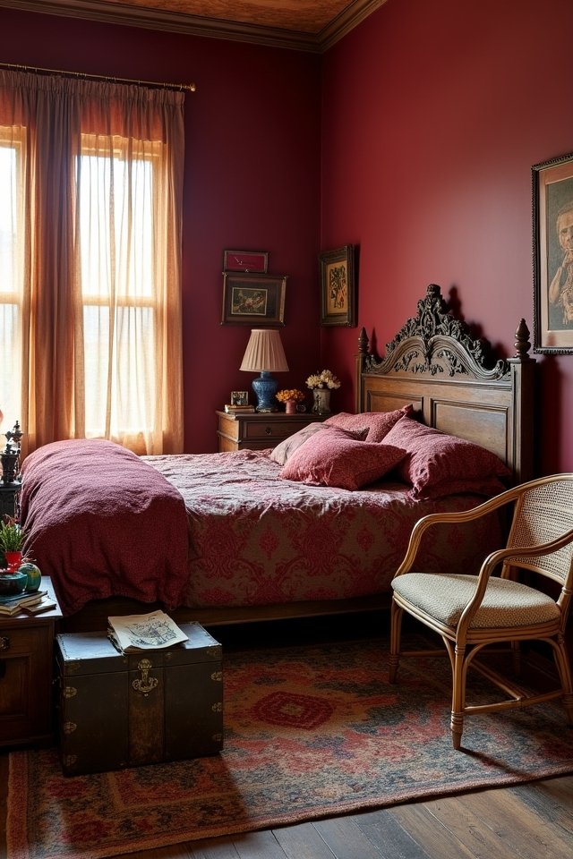 eclectic maroon bedroom decor